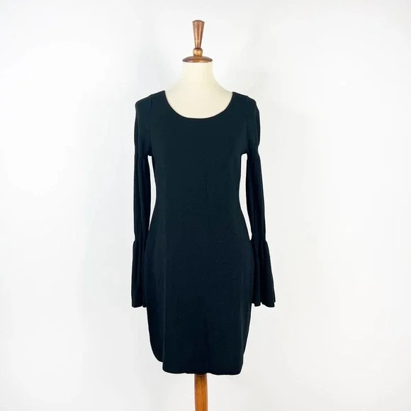 Ann Taylor black dress knit bell flare long sleeve size small